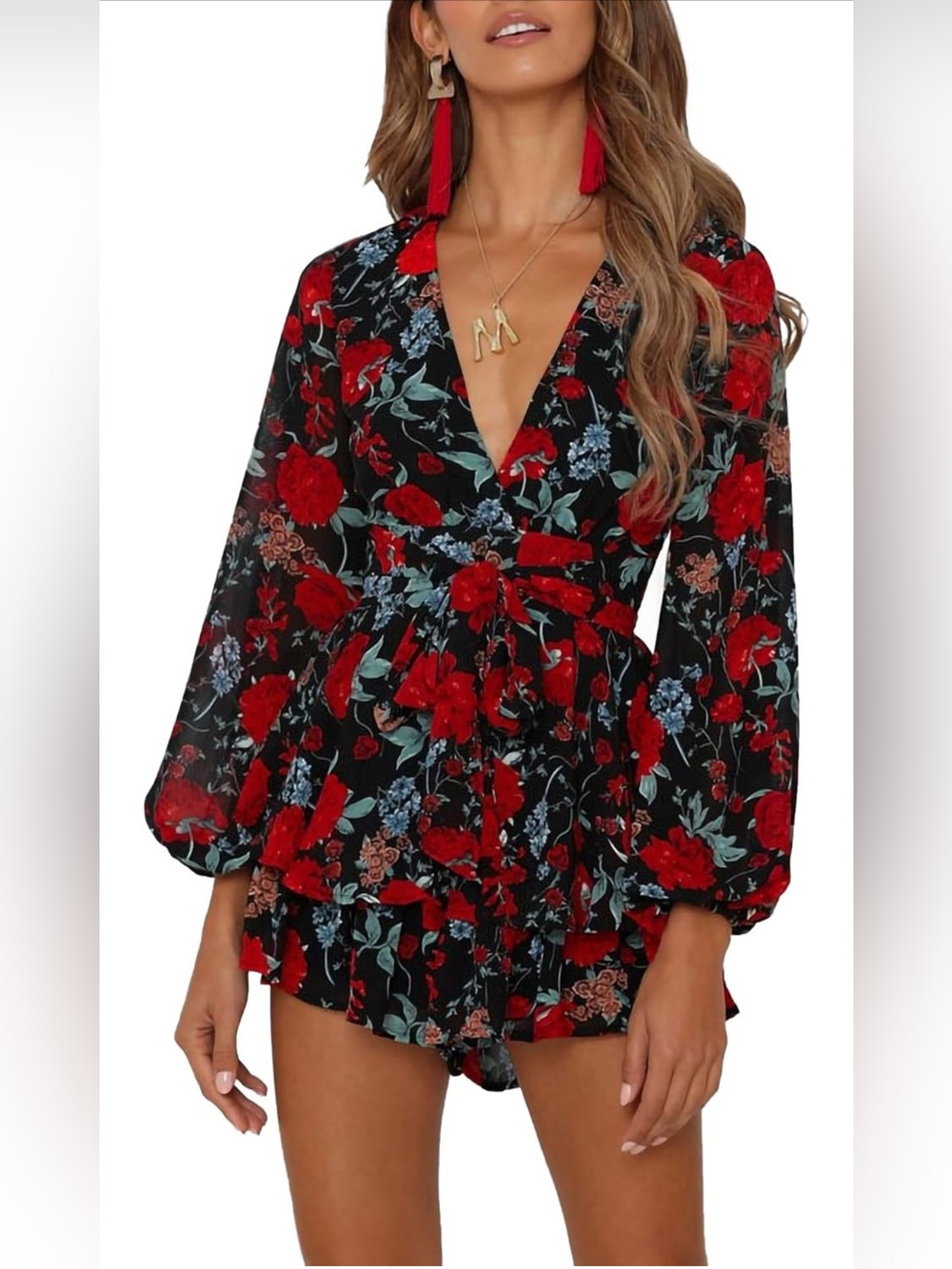 🌹 AIMCOO Black & Red Floral Print Romper | Deep V-Neck | Tie Waist | Size L